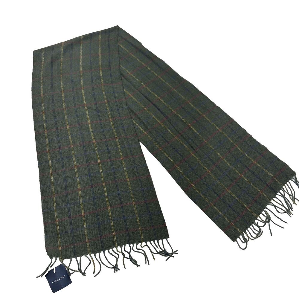 Lands' End 100% Wool GREEN/PLAID Scarf - Unisex New With Tags Multi Color Plaid